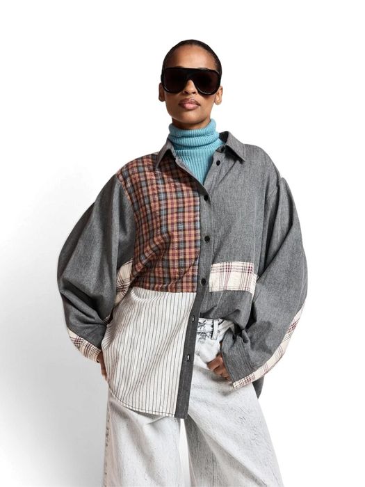Oversized patchwork overhemd in donkergrijs, gebroken wit en bruin Kingsley Essentiel