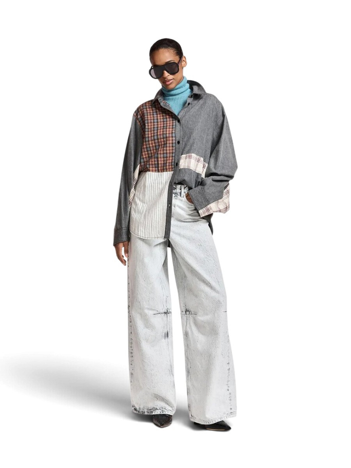 Oversized patchwork overhemd in donkergrijs, gebroken wit en bruin Kingsley Essentiel