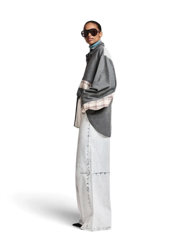Oversized patchwork overhemd in donkergrijs, gebroken wit en bruin Kingsley Essentiel