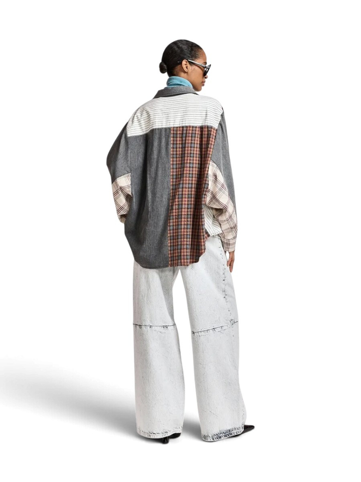 Oversized patchwork overhemd in donkergrijs, gebroken wit en bruin Kingsley Essentiel