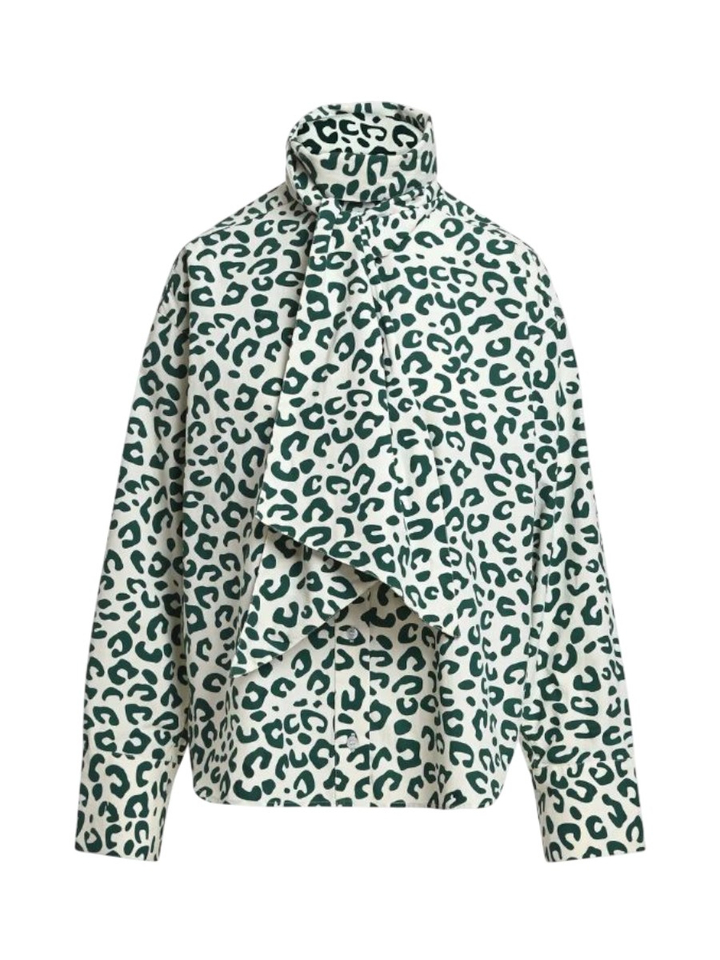 Donkergroene en gebroken witte blouse met luipaardprint en strik Khaleesi Essentiel