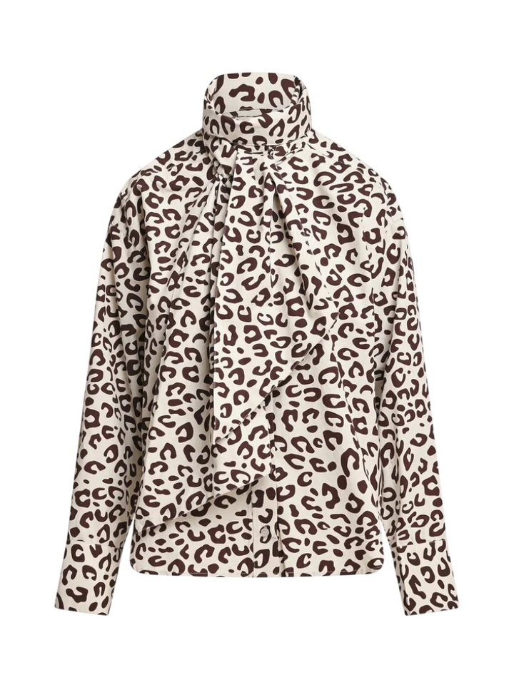 Bruine en crèmekleurige blouse met luipaardprint en strik KHALEESI Essentiel