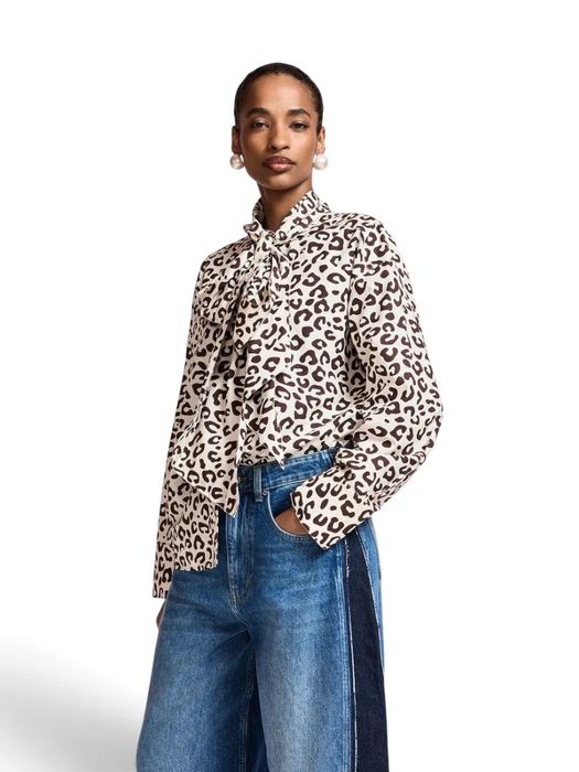 Bruine en crèmekleurige blouse met luipaardprint en strik KHALEESI Essentiel