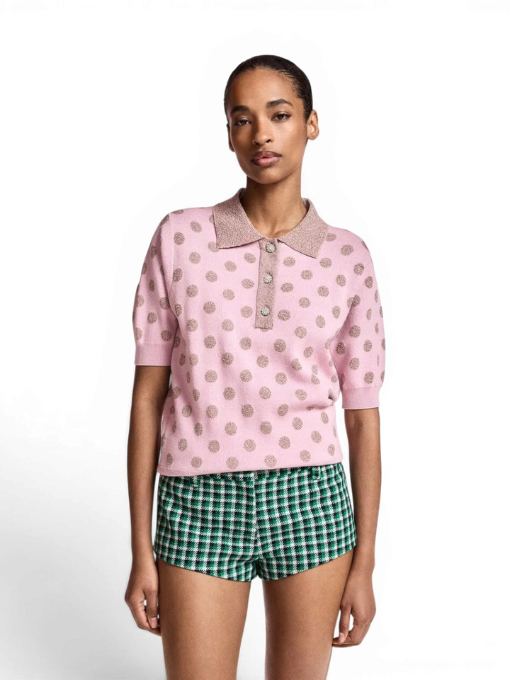 Oudroze en mauve polo met stippen en zilveren knopen Krab Essentiel