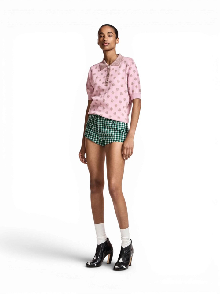 Oudroze en mauve polo met stippen en zilveren knopen Krab Essentiel