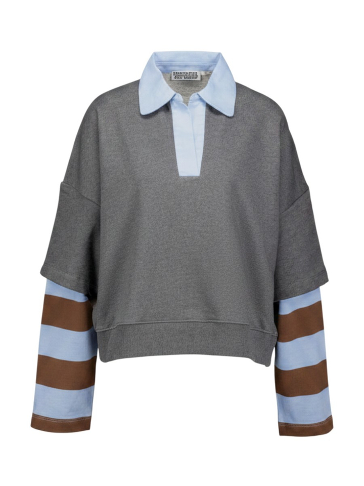 Donkergrijs sweatshirt met laagjes en bruine en blauwe gestreepte mouwen Kantelou Essentiel 