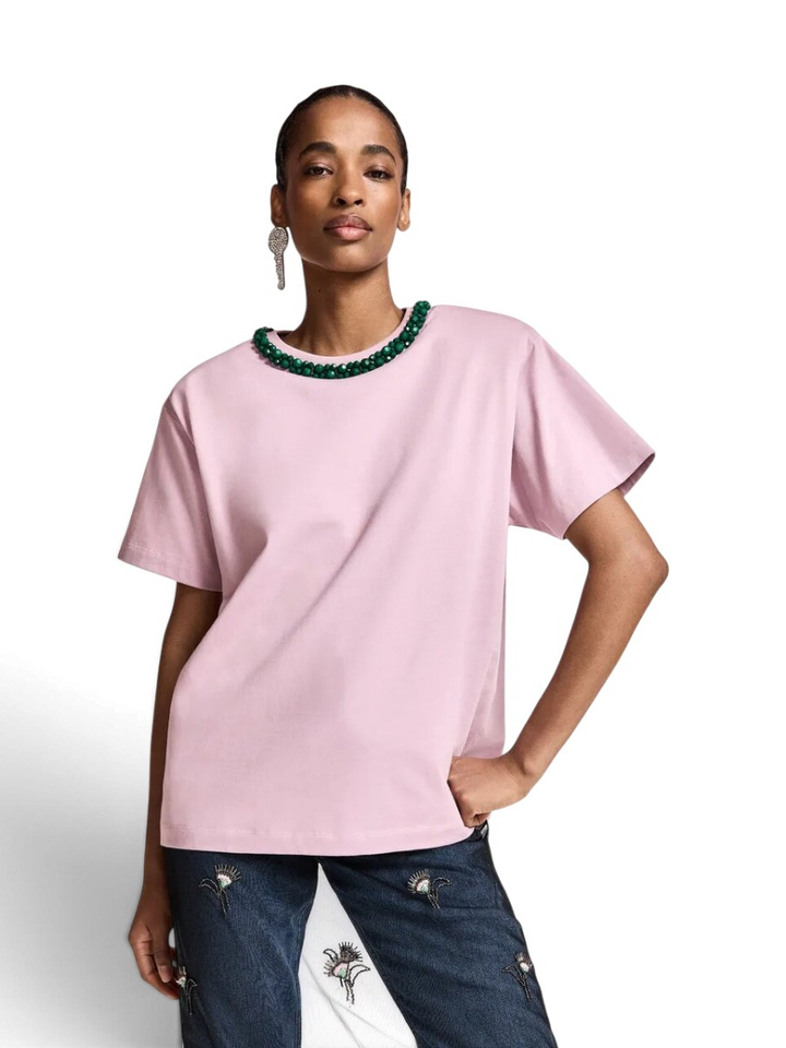 Roze T-shirt met een kraag met groene versiering Kardinal Essentiel