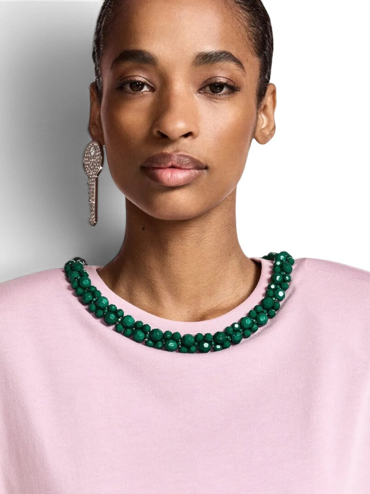 Roze T-shirt met een kraag met groene versiering Kardinal Essentiel