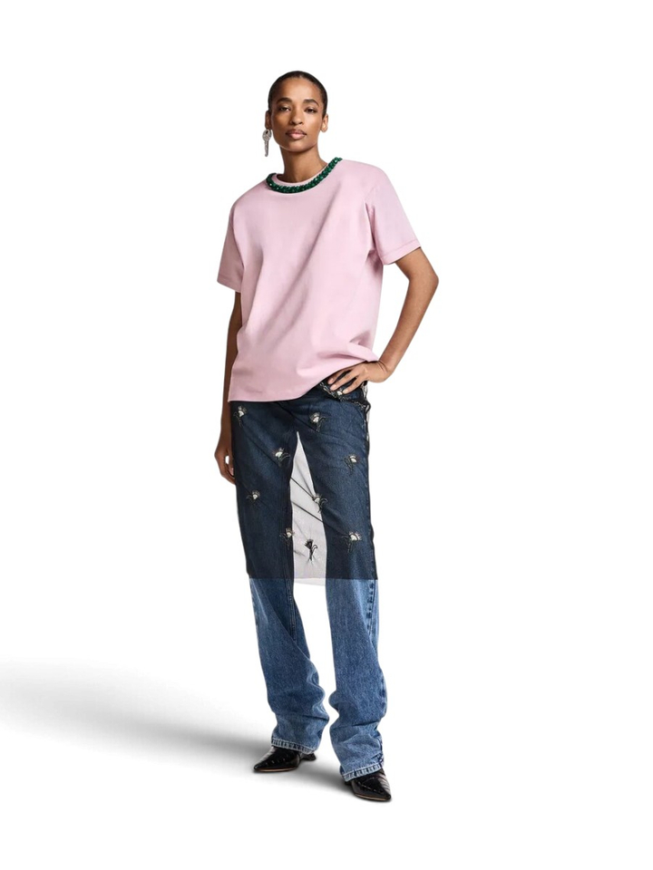 Roze T-shirt met een kraag met groene versiering Kardinal Essentiel