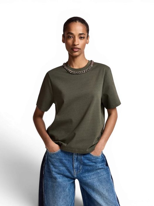 Olijfgroen T-shirt van biologisch katoen met ketting Klaim Essentiel