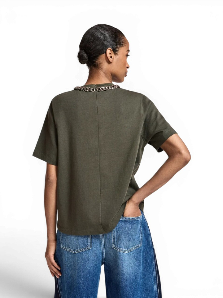 Olijfgroen T-shirt van biologisch katoen met ketting Klaim Essentiel 