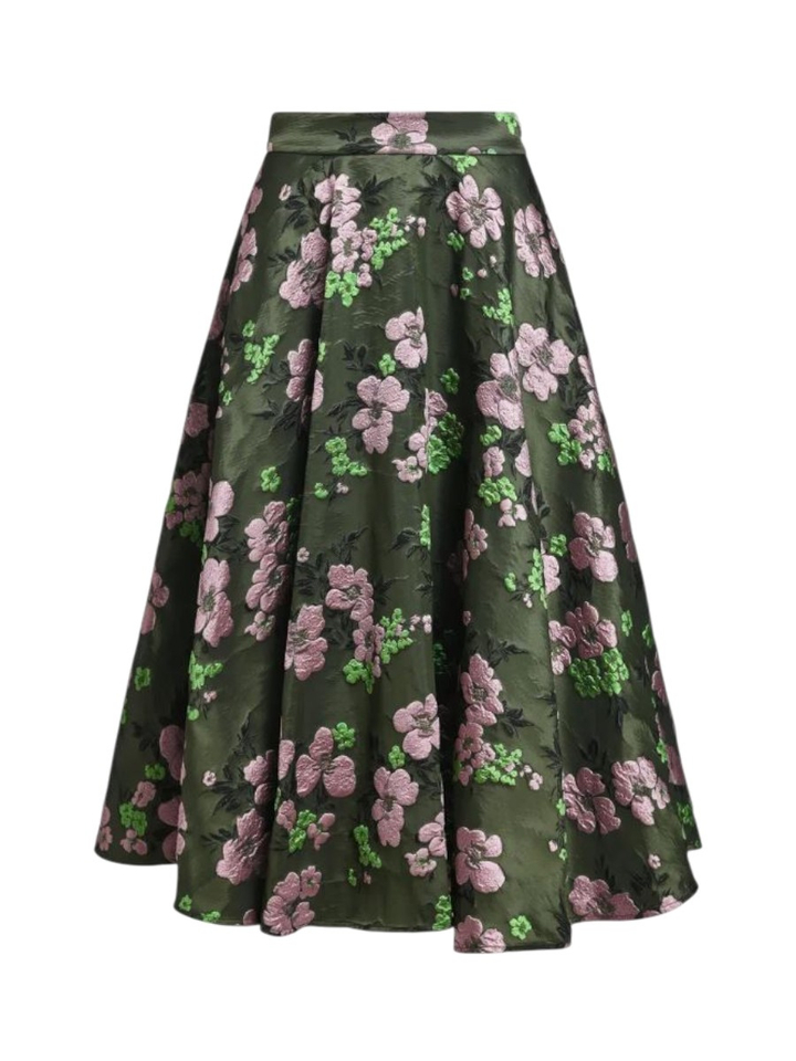 Kaki, lichtroze en groene midi-cirkelrok in bloemenjacquard Kathyanne Essentiel 
