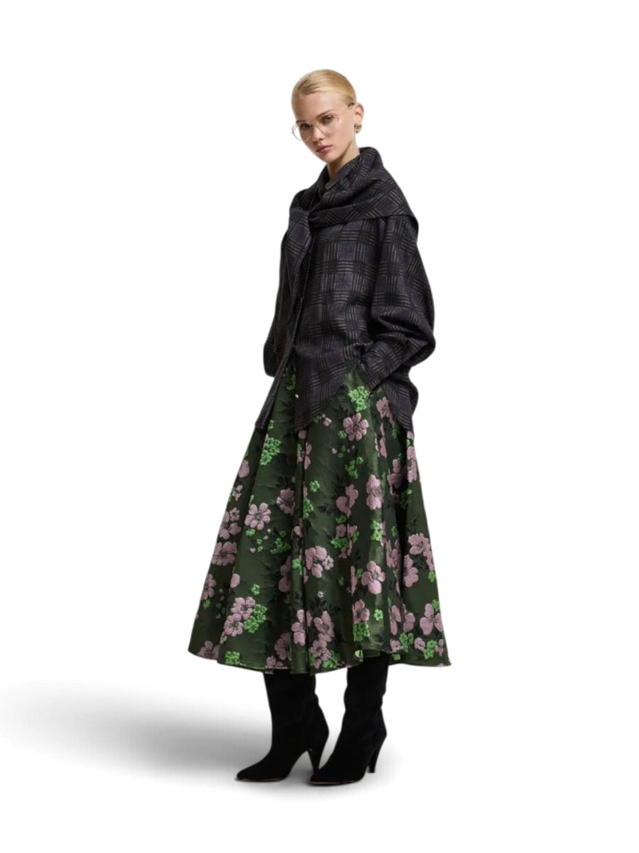 Kaki, lichtroze en groene midi-cirkelrok in bloemenjacquard Kathyanne Essentiel 