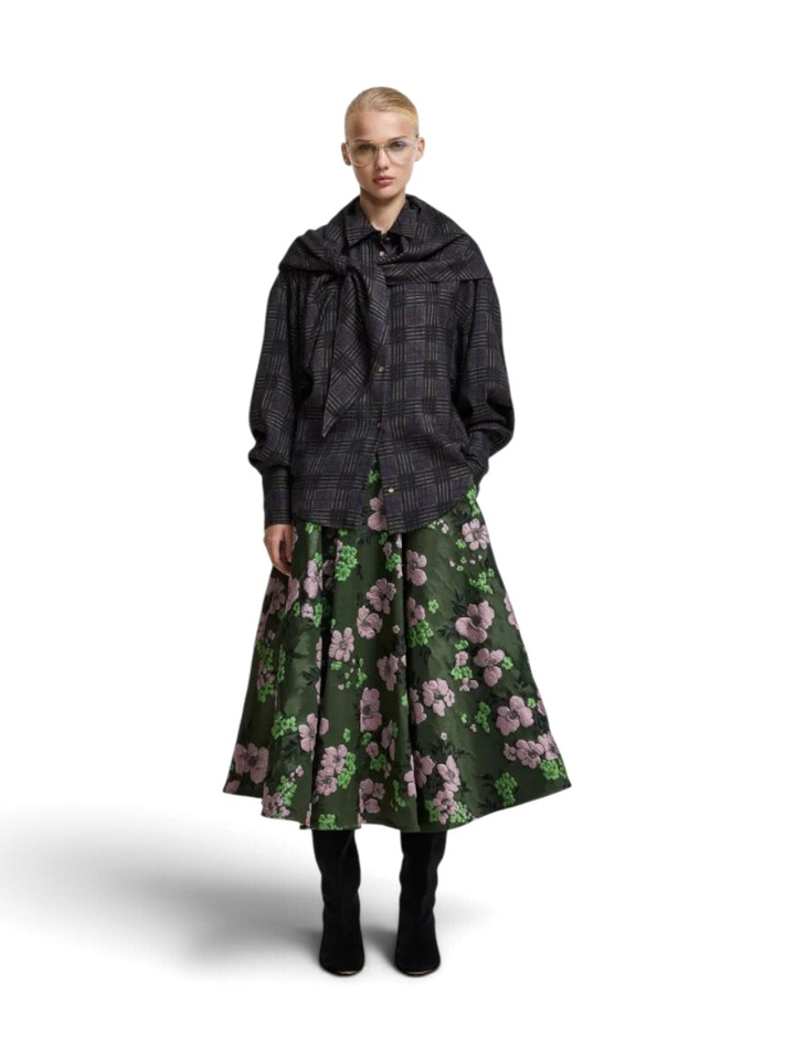 Kaki, lichtroze en groene midi-cirkelrok in bloemenjacquard Kathyanne Essentiel 