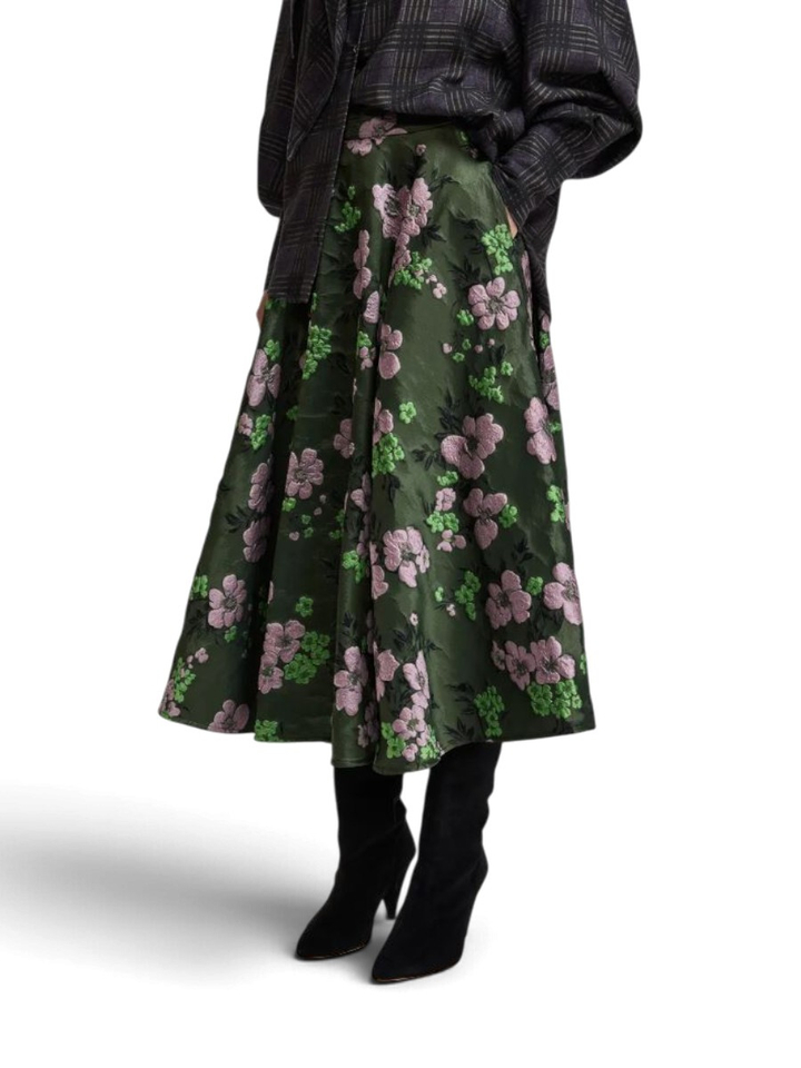 Kaki, lichtroze en groene midi-cirkelrok in bloemenjacquard Kathyanne Essentiel 