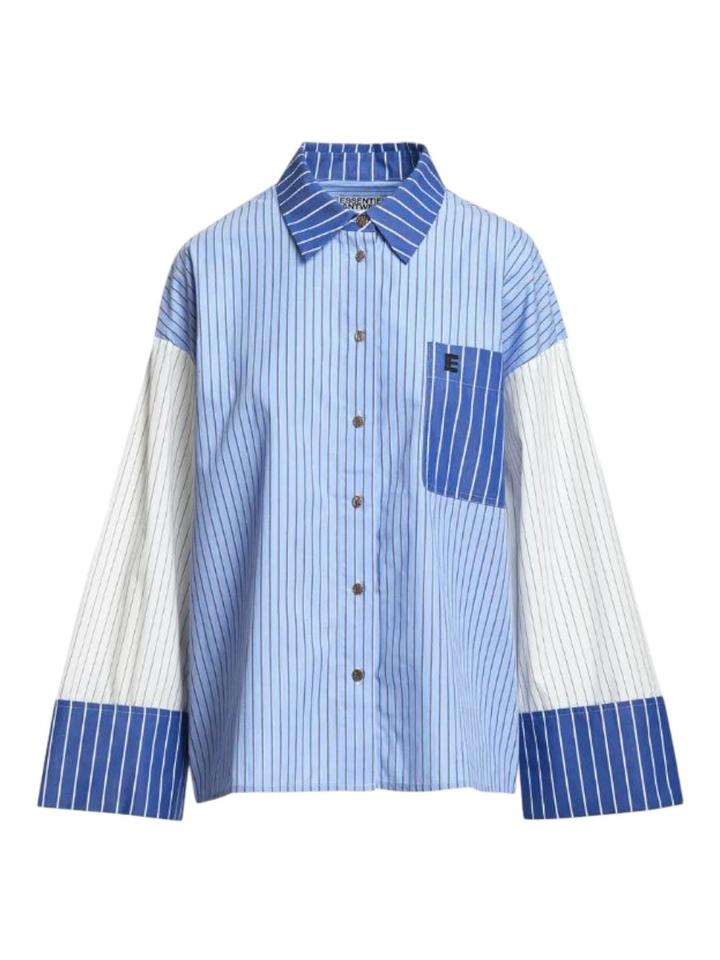 Blauw-wit-zwart gestreepte blouse met gouden knopen Kozef Essentiel