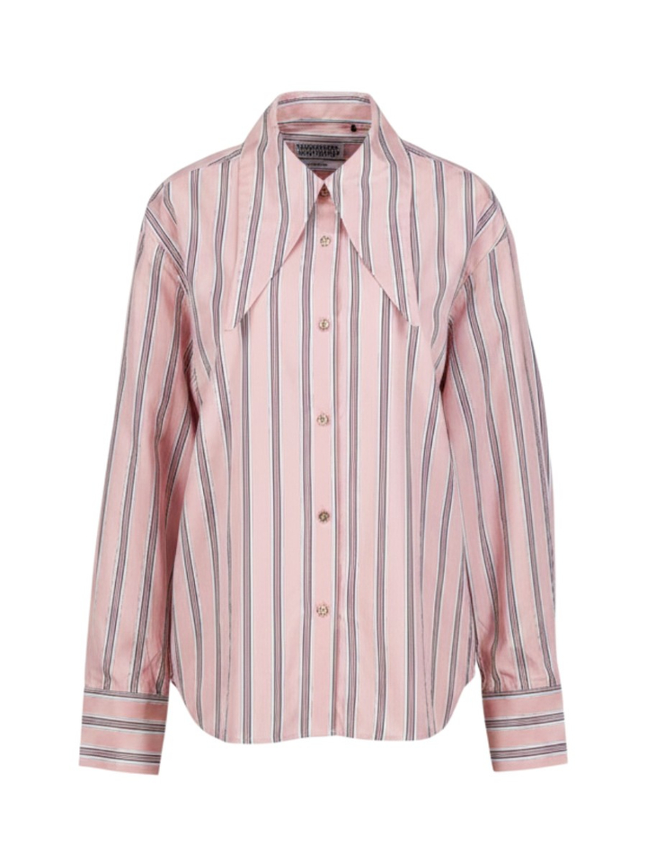 Roze gestreepte blouse met puntige kraag en strass-knopen Kacao Essentiel 