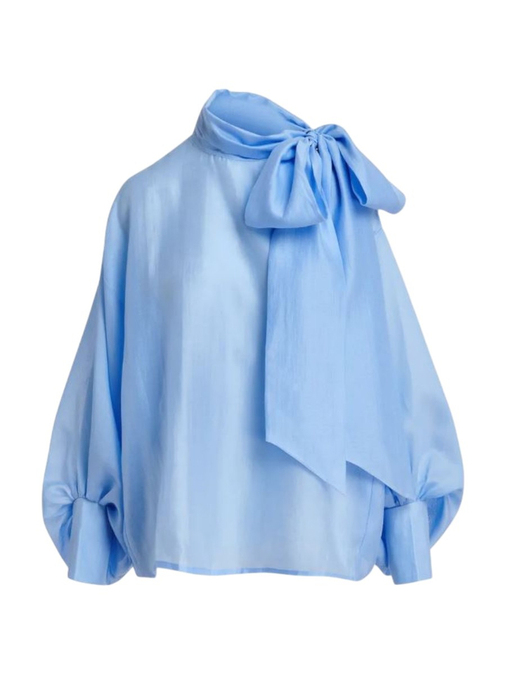 Lichtblauwe strikblouse met pofmouwen Karismatic Essentiel