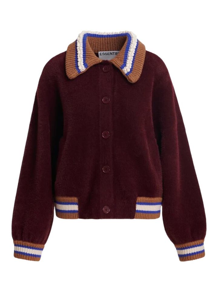 Bordeaux cardigan met bruine, blauwe en gebroken witte kraag Kamore Essentiel