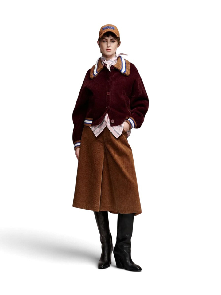 Bordeaux cardigan met bruine, blauwe en gebroken witte kraag Kamore Essentiel