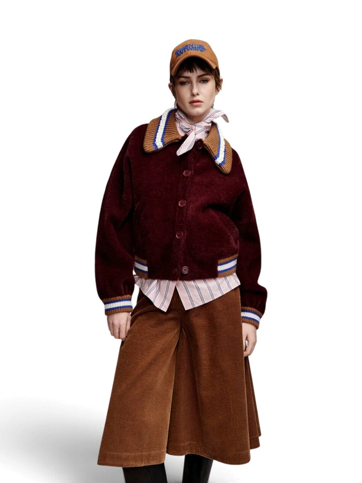 Bordeaux cardigan met bruine, blauwe en gebroken witte kraag Kamore Essentiel