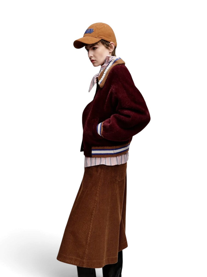 Bordeaux cardigan met bruine, blauwe en gebroken witte kraag Kamore Essentiel