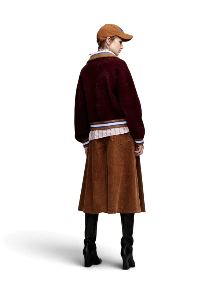Bordeaux cardigan met bruine, blauwe en gebroken witte kraag Kamore Essentiel