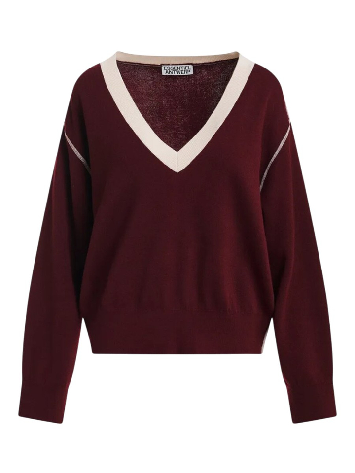 Bordeaux wolmix trui met V-hals en losse rolkraag Koli Essentiel