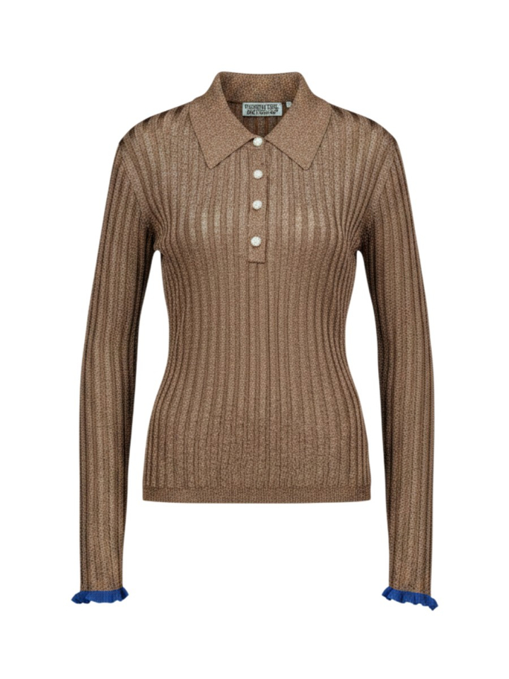 Bruine metallic ribbed polo top Karan Essentiel
