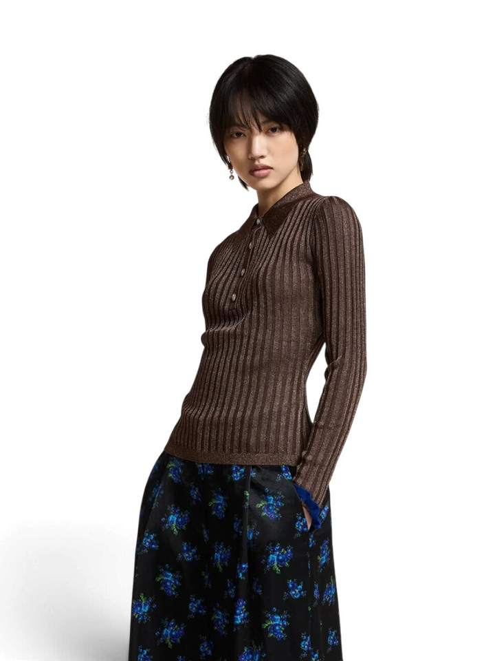Bruine metallic ribbed polo top Karan Essentiel 