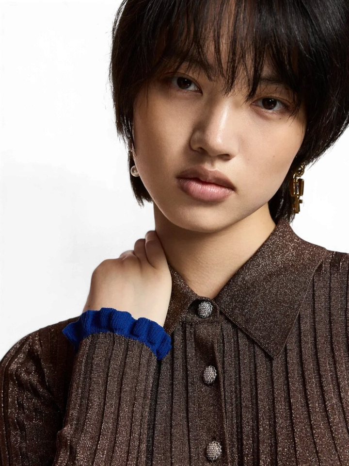 Bruine metallic ribbed polo top Karan Essentiel 