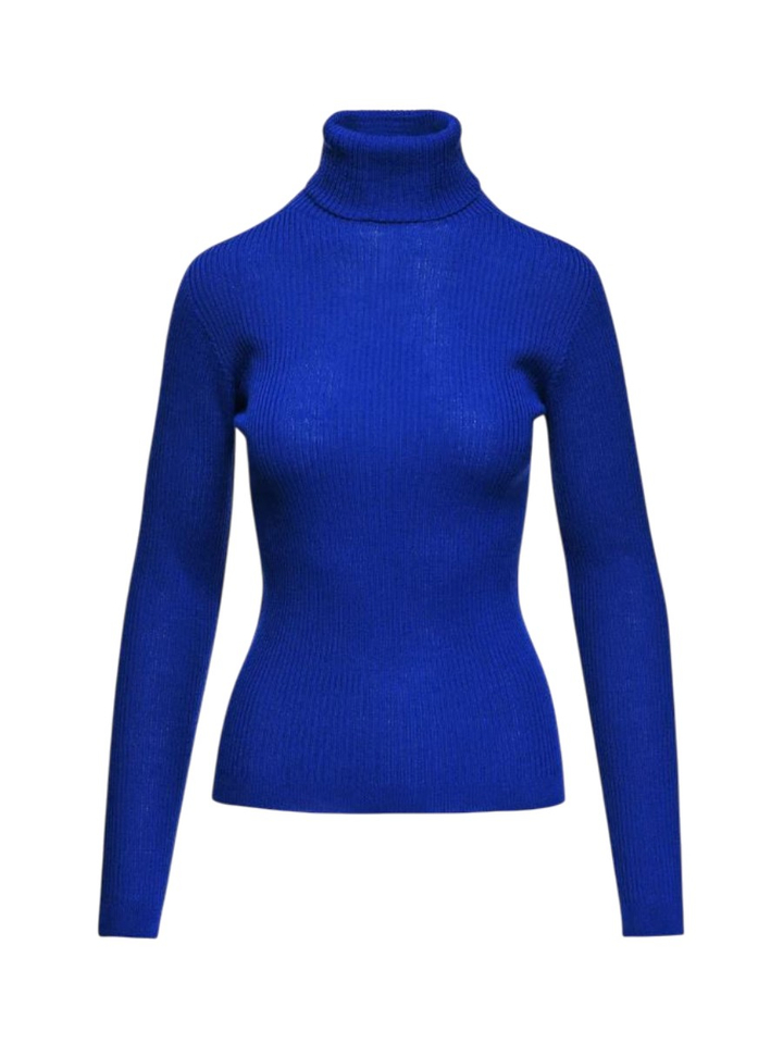 Blauwe wollen aansluitende pull met rolkraag in ribbel Kelmuse Essentiel