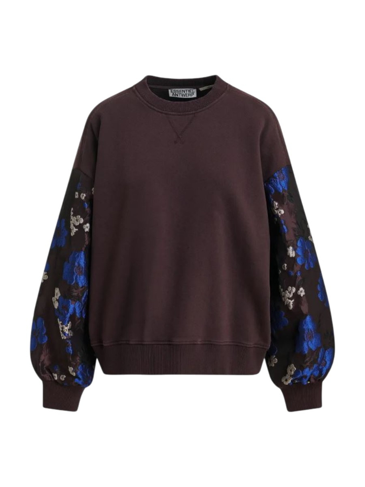 Bordeaux sweater met geborduurde wijde bloemenmouwen Kueer Essentiel