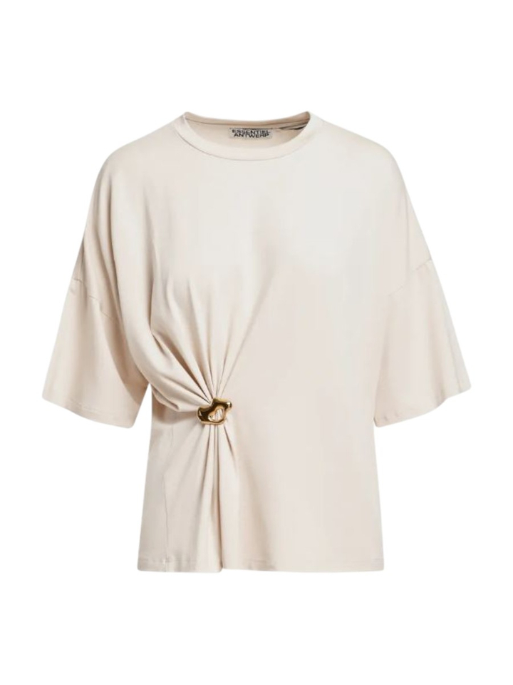Ecru losvallende t-shirt met gedrapeerd gespdetail Kuba Essentiel