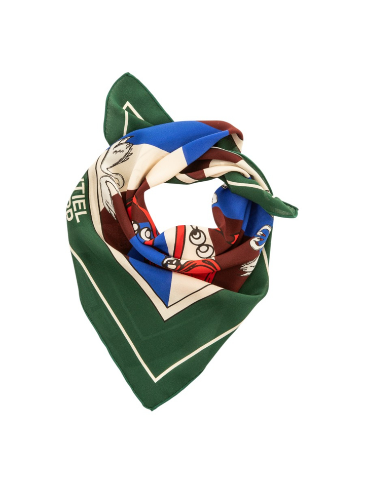 Donkergroene, blauwe en rode zijden sjaal met print en een gebroken wit logo-detail KOLLEGE Essentiel