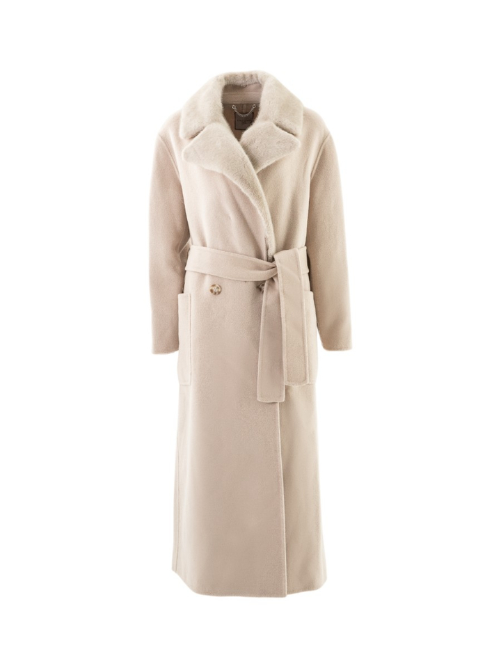 Beige lange wollen mantel met faux fur kraag Urbancode 