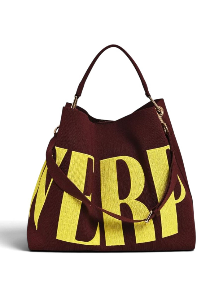 Bruine en gele shopper met geborduurd Antwerp-logo Karrol Essentiel 