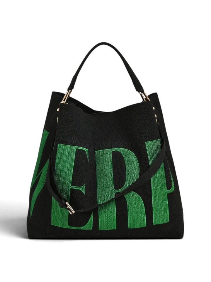 Zwarte en groene shopper met geborduurd Antwerp-logo Karoll Essentiel
