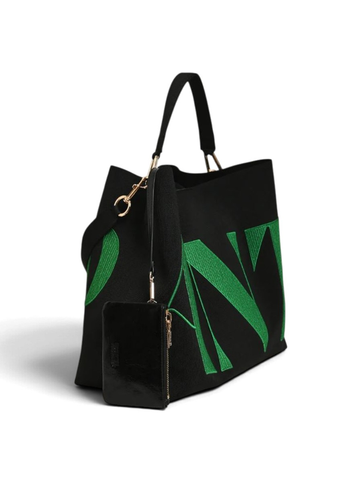 Zwarte en groene shopper met geborduurd Antwerp-logo Karoll Essentiel