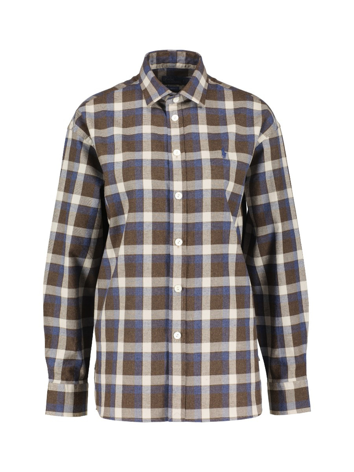 Donkerbruin, blauw en ecru blouse in dambordpatroon met knopen en lange mouwen Ralph Lauren
