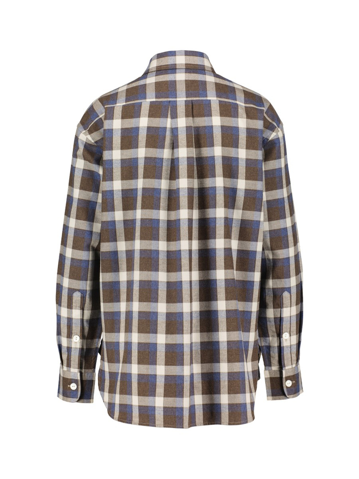 Donkerbruin, blauw en ecru blouse in dambordpatroon met knopen en lange mouwen Ralph Lauren