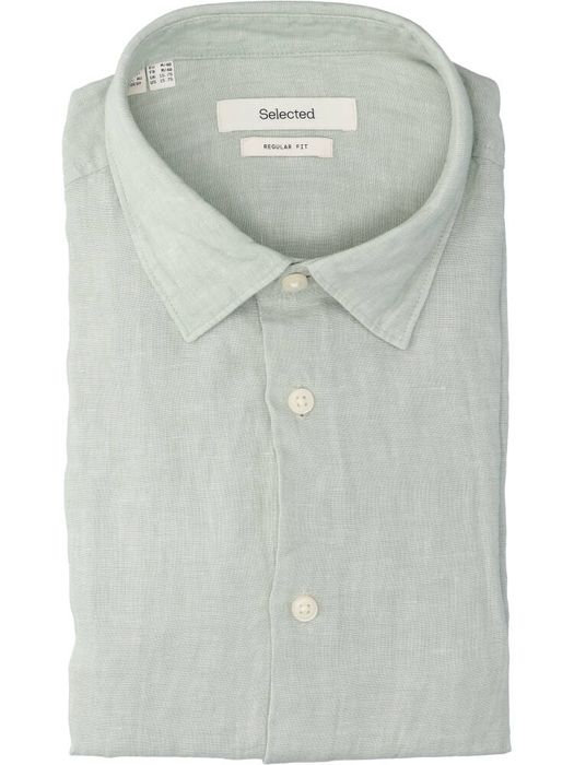 Aqua groen linnen hemd (regular fit) met lange mouwen Selected