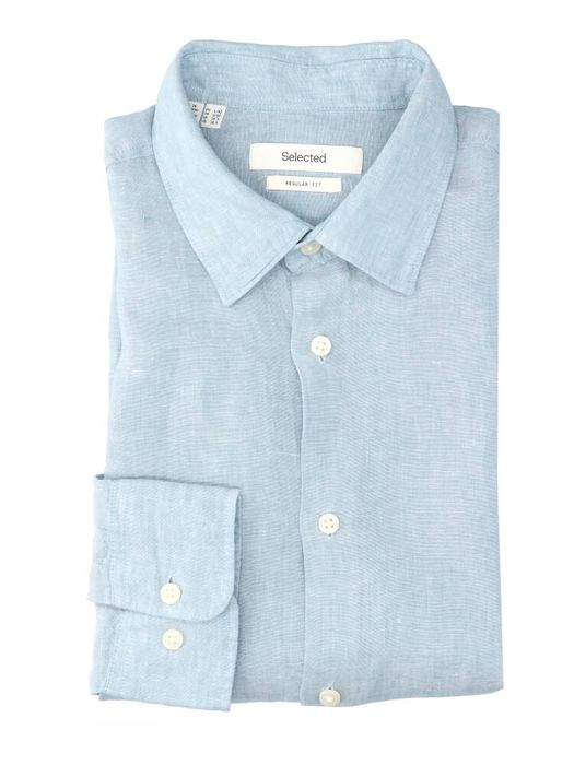 Lichtblauw linnen hemd (regular fit) met lange mouwen Selected