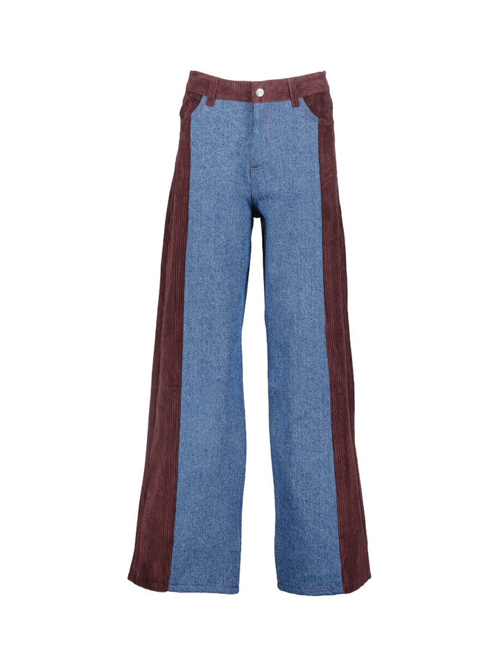 Blauwe denim broek met bordeaux ribfluwelen zijpanelen Joan Amandine 