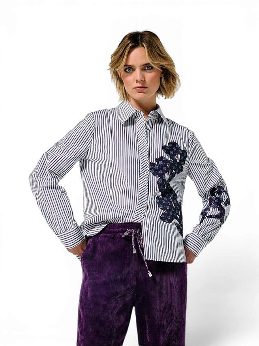 Blauwe gestreepte bloes met bloemenprint Carolin Biss