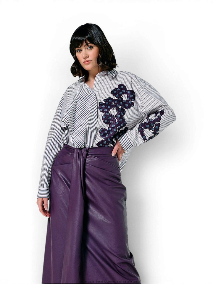 Blauwe gestreepte bloes met bloemenprint Carolin Biss 