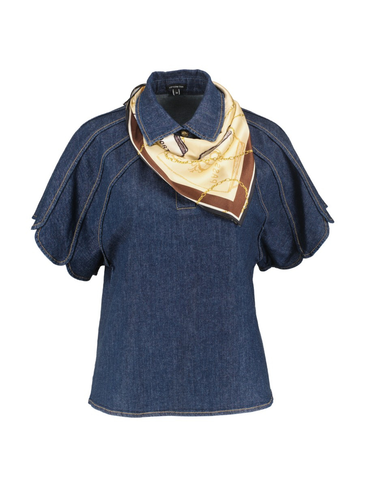 Donkerblauwe jeansblouse met korte mouwen en sjaal Caroline Biss 
