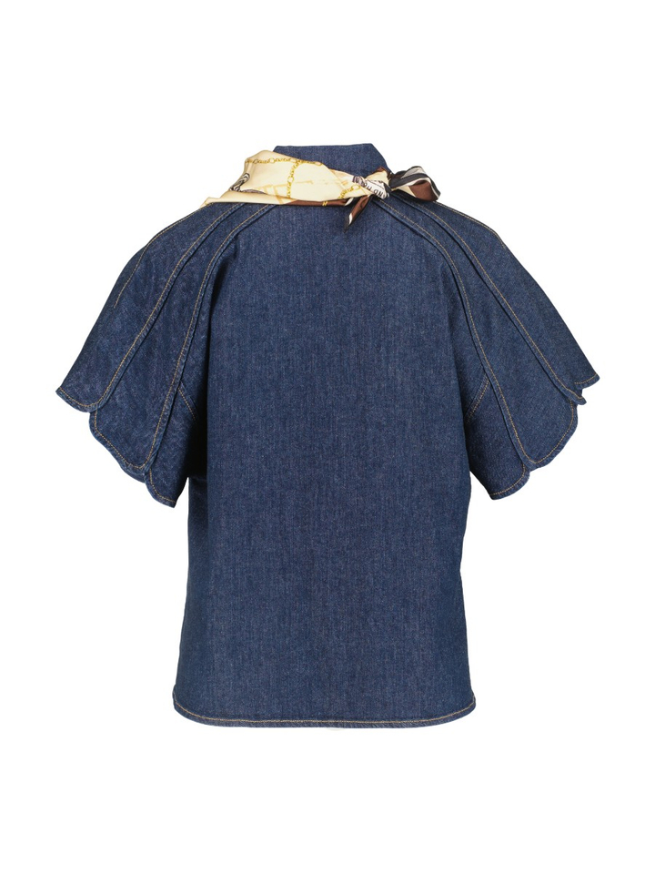 Donkerblauwe jeansblouse met korte mouwen en sjaal Caroline Biss 