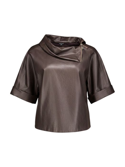 Donkerbruine lederlook blouse met schuine rits en driekwartmouwen Caroline Biss