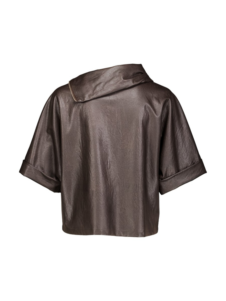 Donkerbruine lederlook blouse met schuine rits en driekwartmouwen Caroline Biss